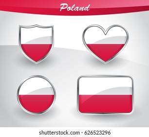 Glossy Poland flag icon set with shield, heart, circle and rectangle shapes in silver frame. Vector illustration.