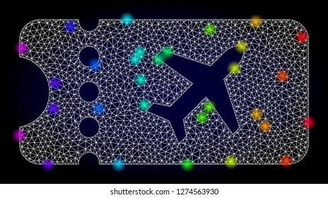 Glossy polygonal mesh air ticket icon with glare effect on a dark background. Carcass air ticket iconic vector with illuminated colorful points in rainbow colors. Abstract white mesh lines,
