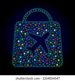 Glossy polygonal mesh airport shopping icon with glow effect on a dark background. Carcass airport shopping iconic vector with glamour multi colored points for New Year purposes.