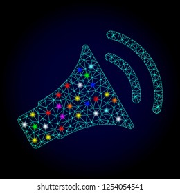 Glossy polygonal mesh announce horn icon with glow effect on a dark background. Carcass announce horn iconic vector with glamour multi colored dots for Christmas purposes.