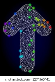 Glossy polygonal mesh arrow up icon with glare effect on a dark background. Carcass arrow up iconic vector with glowing multi colored dots in rainbow colors. Abstract white mesh lines,