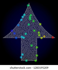 Glossy polygonal mesh up arrow icon with glare effect on a dark background. Carcass up arrow iconic vector with glamour multi colored dots in spectrum colors. Abstract white mesh lines,