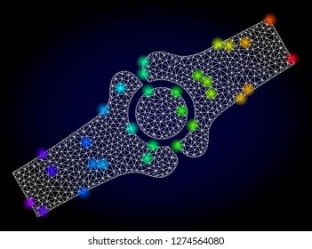 Glossy polygonal mesh artificial bone joint icon with glare effect on a dark background. Carcass artificial bone joint iconic vector with illuminated multi colored spheres in spectrum colors.