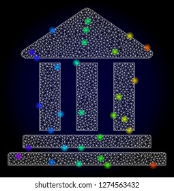 Glossy polygonal mesh bank building icon with glare effect on a dark background. Carcass bank building iconic vector with illuminated multi colored points in spectrum colors.