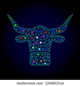 Glossy polygonal mesh beef head icon with glare effect on a dark background. Carcass beef head iconic vector with glamour multicolored points for Christmas purposes. Abstract light blue mesh lines,