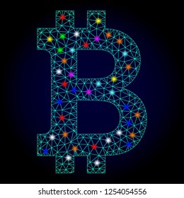 Glossy polygonal mesh bitcoin icon with glow effect on a dark background. Carcass bitcoin iconic vector with illuminated colorful dots for Christmas illustrations. Abstract light blue mesh lines,