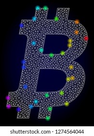 Glossy polygonal mesh bitcoin icon with glow effect on a dark background. Carcass bitcoin iconic vector with glamour colorful dots in rainbow colors. Abstract white mesh lines,