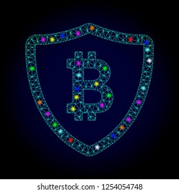 Glossy polygonal mesh bitcoin shield icon with glow effect on a dark background. Carcass bitcoin shield iconic vector with glamour multi colored dots for New Year purposes.