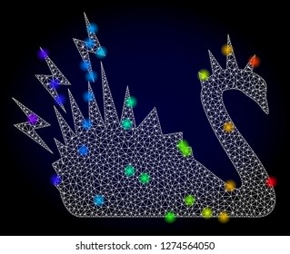 Glossy polygonal mesh black danger swan icon with glare effect on a dark background. Carcass black danger swan iconic vector with illuminated multi colored dots in spectrum colors.