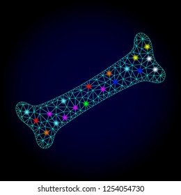 Glossy polygonal mesh bone icon with glow effect on a dark background. Carcass bone iconic vector with glitter colorful points for New Year templates. Abstract light blue mesh lines, triangles,