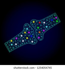 Glossy polygonal mesh bone joint icon with glare effect on a dark background. Carcass bone joint iconic vector with glowing multi colored dots for New Year purposes. Abstract light blue mesh lines,
