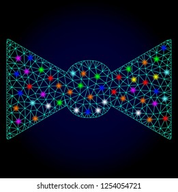 Glossy polygonal mesh bow tie icon with glow effect on a dark background. Carcass bow tie iconic vector with flash multi colored points for New Year purposes. Abstract light blue mesh lines,