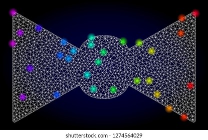 Glossy polygonal mesh bow tie icon with glow effect on a dark background. Carcass bow tie iconic vector with flash multi colored spheres in spectrum colors. Abstract white mesh lines,