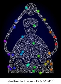 Glossy polygonal mesh bride icon with glare effect on a dark background. Carcass bride iconic vector with illuminated multi colored spheres in spectrum colors. Abstract white mesh lines,