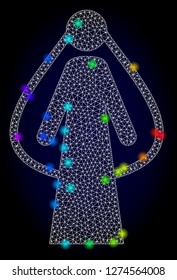 Glossy polygonal mesh bride icon with glow effect on a dark background. Carcass bride iconic vector with glamour multicolored spheres in spectrum colors. Abstract white mesh lines,