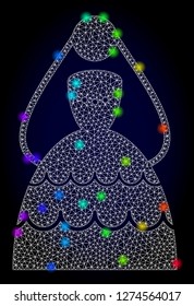 Glossy polygonal mesh bride icon with glow effect on a dark background. Carcass bride iconic vector with glowing multicolored points in rainbow colors. Abstract white mesh lines,