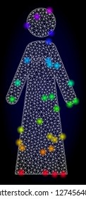 Glossy polygonal mesh bride icon with glow effect on a dark background. Carcass bride iconic vector with flash multi colored spheres in rainbow colors. Abstract white mesh lines,