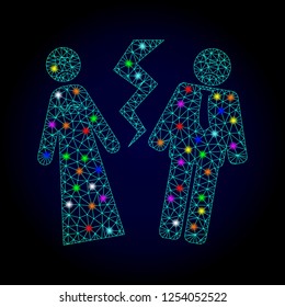 Glossy polygonal mesh broken wedding icon with glare effect on a dark background. Carcass broken wedding iconic vector with glitter multi colored points for New Year purposes.