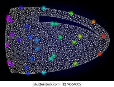 Glossy polygonal mesh bullet icon with glare effect on a dark background. Carcass bullet iconic vector with illuminated multi colored dots in spectrum colors. Abstract white mesh lines,