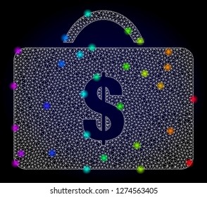 Glossy polygonal mesh business case icon with glow effect on a dark background. Carcass business case iconic vector with glitter multicolored points in spectrum colors. Abstract white mesh lines,