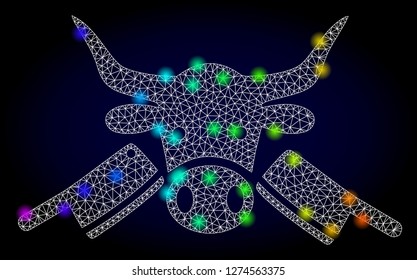 Glossy polygonal mesh butchery icon with glow effect on a dark background. Carcass butchery iconic vector with glowing multi colored points in spectrum colors. Abstract white mesh lines,