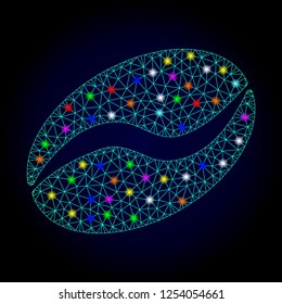 Glossy polygonal mesh cacao bean icon with glow effect on a dark background. Carcass cacao bean iconic vector with glitter colorful dots for Christmas posters. Abstract light blue mesh lines,