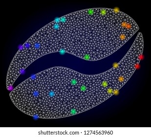 Glossy polygonal mesh cacao bean icon with glare effect on a dark background. Carcass cacao bean iconic vector with glowing multicolored spheres in spectrum colors. Abstract white mesh lines,