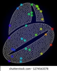 Glossy polygonal mesh cacao beans icon with glow effect on a dark background. Carcass cacao beans iconic vector with flash multi colored spheres in rainbow colors. Abstract white mesh lines,