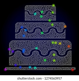 Glossy polygonal mesh cake icon with glow effect on a dark background. Carcass cake iconic vector with glowing multi colored dots in spectrum colors. Abstract white mesh lines,