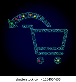 Glossy polygonal mesh cancel shopping order icon with glare effect on a dark background. Carcass cancel shopping order iconic vector with flash multi colored points for Christmas posters.