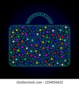 Glossy polygonal mesh case icon with glow effect on a dark background. Carcass case iconic vector with glitter multi colored spheres for New Year templates. Abstract light blue mesh lines, triangles,