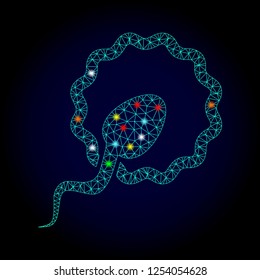 Glossy polygonal mesh cell insemination icon with glow effect on a dark background. Carcass cell insemination iconic vector with illuminated colorful dots for Christmas purposes.