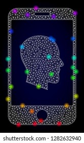 Glossy polygonal mesh cellphone profile icon with glow effect on a dark background. Carcass cellphone profile iconic vector with flash multi colored dots in rainbow colors. Abstract white mesh lines,