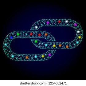 Glossy polygonal mesh chain icon with glow effect on a dark background. Carcass chain iconic vector with glowing colorful points for Christmas posters. Abstract light blue mesh lines, triangles,
