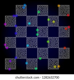 Glossy polygonal mesh chess board icon with glare effect on a dark background. Carcass chess board iconic vector with glamour multicolored dots in spectrum colors. Abstract white mesh lines,