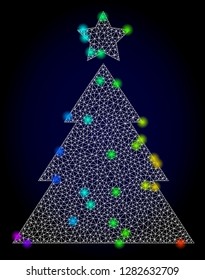 Glossy polygonal mesh christmas tree icon with glow effect on a dark background. Carcass christmas tree iconic vector with glamour multicolored dots in spectrum colors. Abstract white mesh lines,