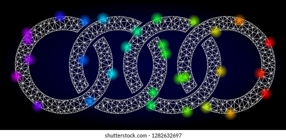 Glossy polygonal mesh circle chain icon with glow effect on a dark background. Carcass circle chain iconic vector with glowing multi colored spheres in rainbow colors. Abstract white mesh lines,