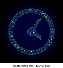 Glossy polygonal mesh clock icon with glare effect on a dark background. Carcass clock iconic vector with glitter colorful dots for New Year illustrations. Abstract light blue mesh lines, triangles,