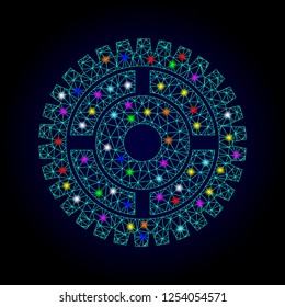 Glossy polygonal mesh clock wheel icon with glare effect on a dark background. Carcass clock wheel iconic vector with glamour multi colored dots for New Year purposes. Abstract light blue mesh lines,