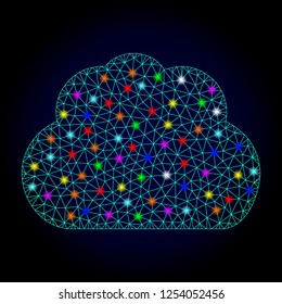 Glossy polygonal mesh cloud icon with glow effect on a dark background. Carcass cloud iconic vector with illuminated multi colored spheres for Christmas posters. Abstract light blue mesh lines,