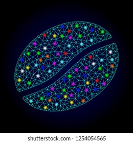 Glossy polygonal mesh coffee bean icon with glare effect on a dark background. Carcass coffee bean iconic vector with illuminated multi colored spheres for New Year purposes.
