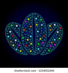 Glossy polygonal mesh coffee beans icon with glow effect on a dark background. Carcass coffee beans iconic vector with glowing multi colored spheres for Christmas illustrations.