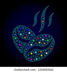 Glossy polygonal mesh coffee beans aroma icon with glare effect on a dark background. Carcass coffee beans aroma iconic vector with glitter colorful dots for New Year templates.