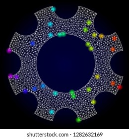 Glossy polygonal mesh cogwheel icon with glare effect on a dark background. Carcass cogwheel iconic vector with glamour colorful dots in rainbow colors. Abstract white mesh lines,