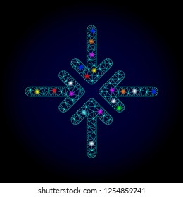 Glossy polygonal mesh collapse arrows icon with glare effect on a dark background. Carcass collapse arrows iconic vector with glowing multi colored spheres for Christmas templates.