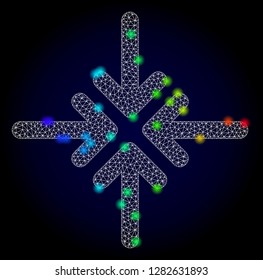 Glossy polygonal mesh collapse arrows icon with glare effect on a dark background. Carcass collapse arrows iconic vector with glitter multi colored spheres in rainbow colors.