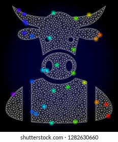 Glossy polygonal mesh cow boy icon with glow effect on a dark background. Carcass cow boy iconic vector with glitter multicolored spheres in rainbow colors. Abstract white mesh lines,