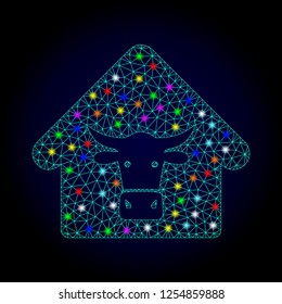 Glossy polygonal mesh cow farm icon with glare effect on a dark background. Carcass cow farm iconic vector with glamour multi colored spheres for Christmas posters. Abstract light blue mesh lines,