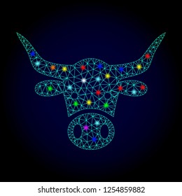 Glossy polygonal mesh cow head icon with glow effect on a dark background. Carcass cow head iconic vector with glitter colorful points for Christmas illustrations. Abstract light blue mesh lines,