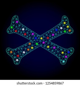 Glossy polygonal mesh crossing bones icon with glare effect on a dark background. Carcass crossing bones iconic vector with glamour colorful spheres for New Year purposes.